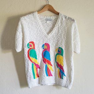 Tropical Bird Short Sleeve V-Neck Vintage White Sweater